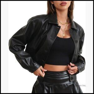 Cropped Faux Leather Bomber Jacket Button Down Slim Fit Lightweight